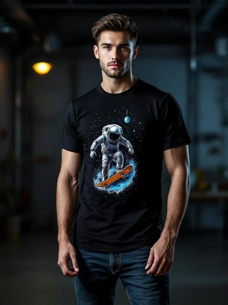 Astronaut skateboarding in space, retro neon