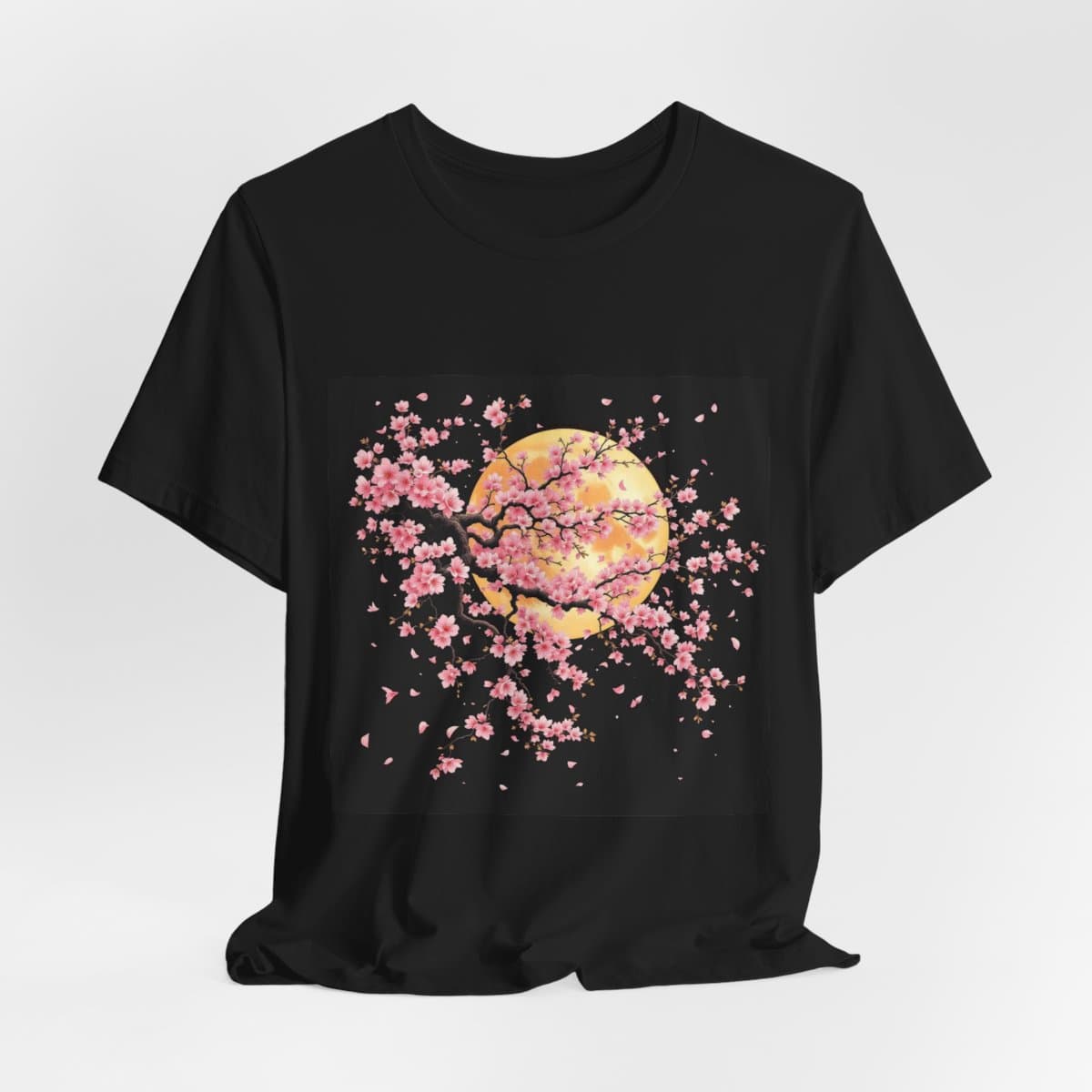 Japanese cherry blossom tree, pink petals, moonlight