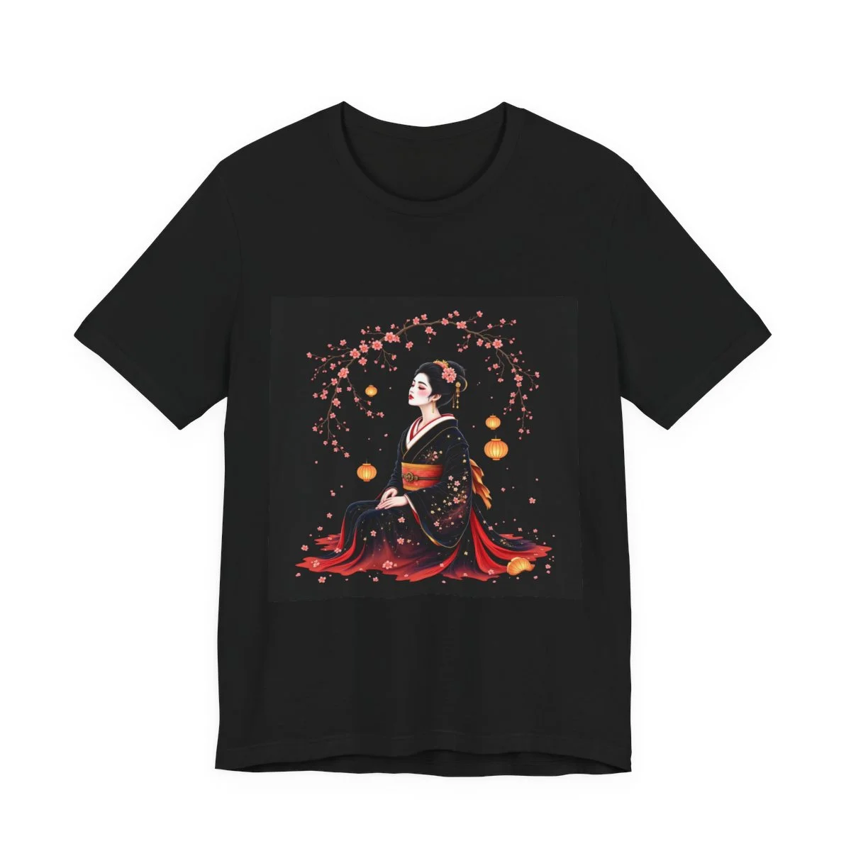 Geisha surrounded by floating lanterns and cherry blossoms