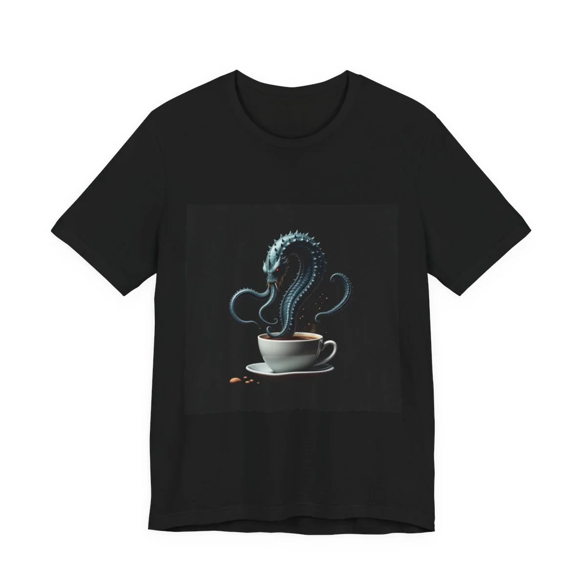 Kraken tentacle emerging from coffee cup, surreal morning monster
