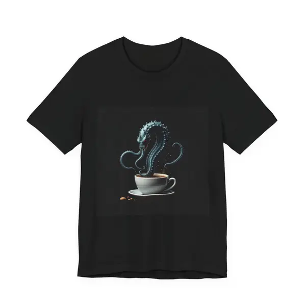 Kraken tentacle emerging from coffee cup, surreal morning monster