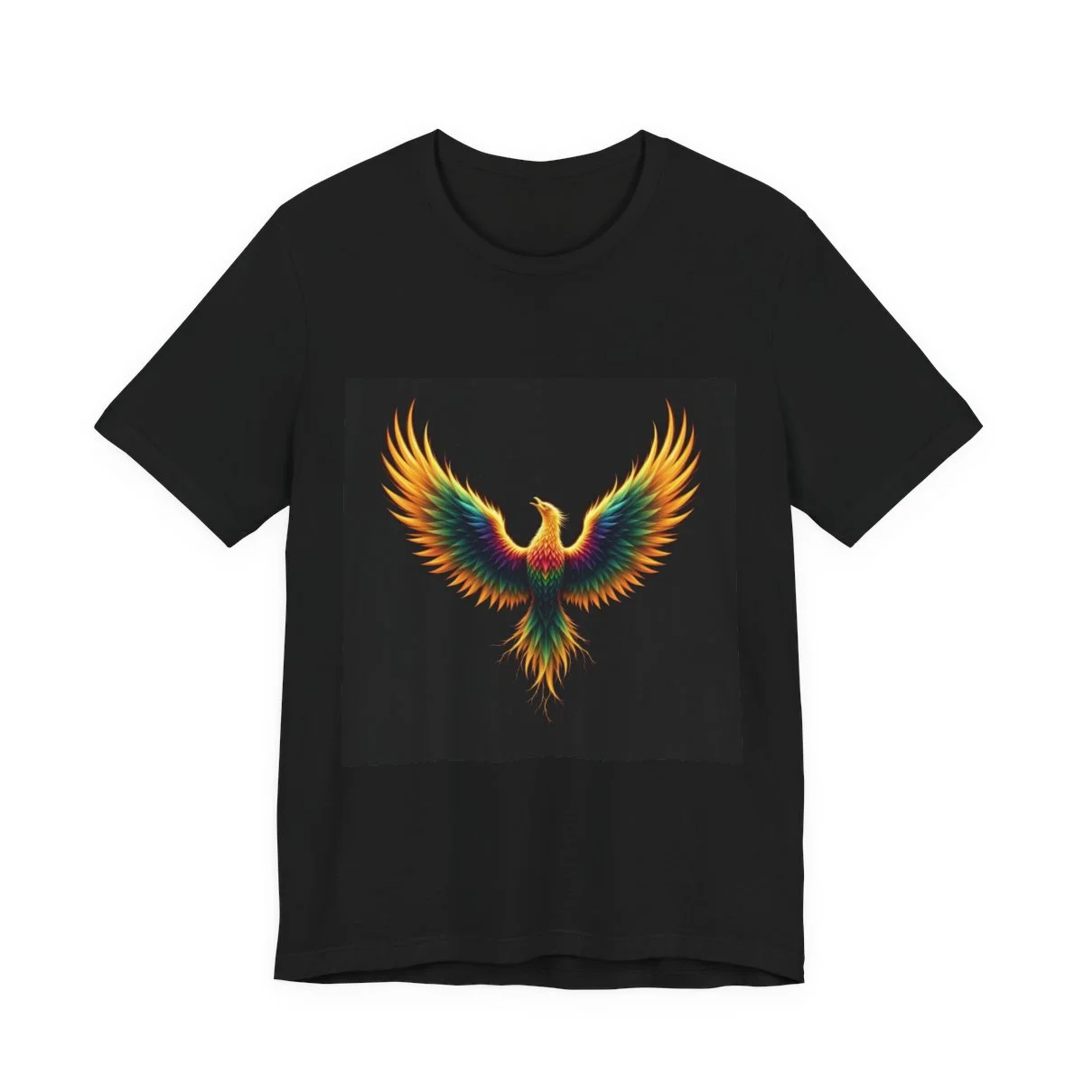 Phoenix reborn from crystalline flames, iridescent gold to emerald feathers