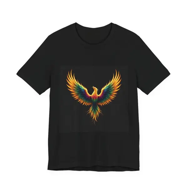 Phoenix reborn from crystalline flames, iridescent gold to emerald feathers