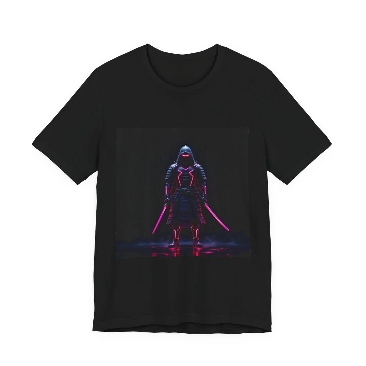 Cyberpunk samurai in glowing neon armor standing in rain