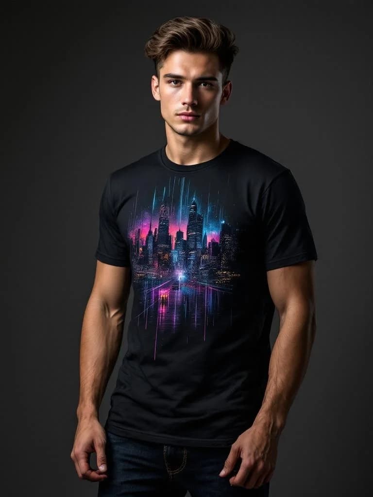 Cyberpunk city skyline at night, neon rain reflections
