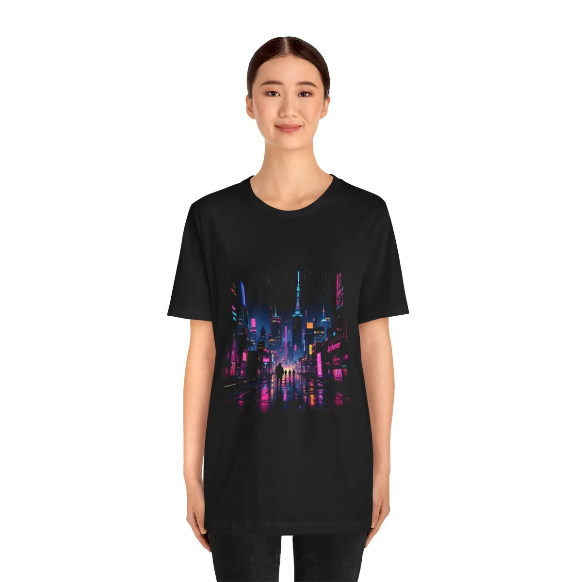 Cyberpunk city skyline at night, neon rain reflections