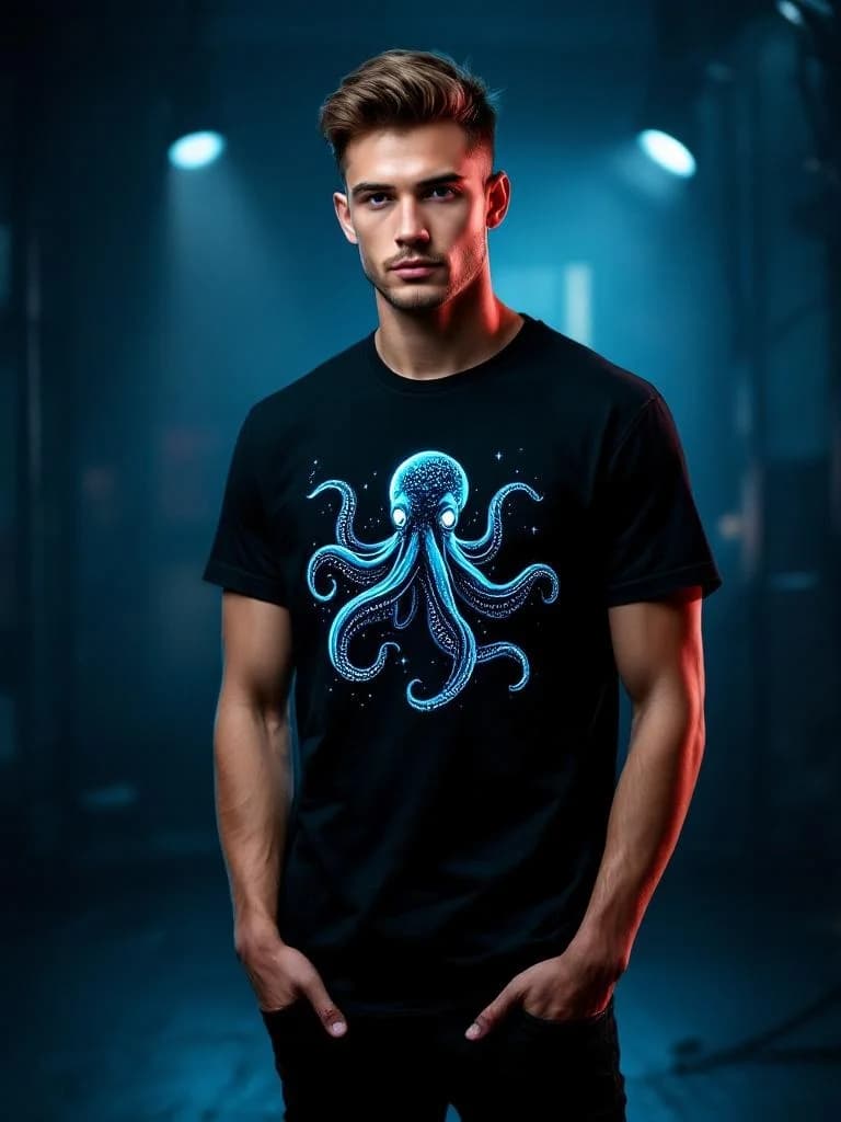 DJ octopus mixing turntables, neon party vibes