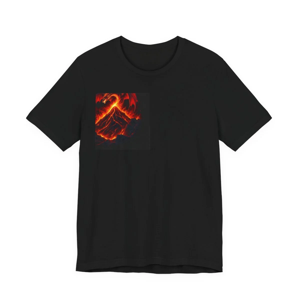 Fire-breathing dragon over volcanic mountain