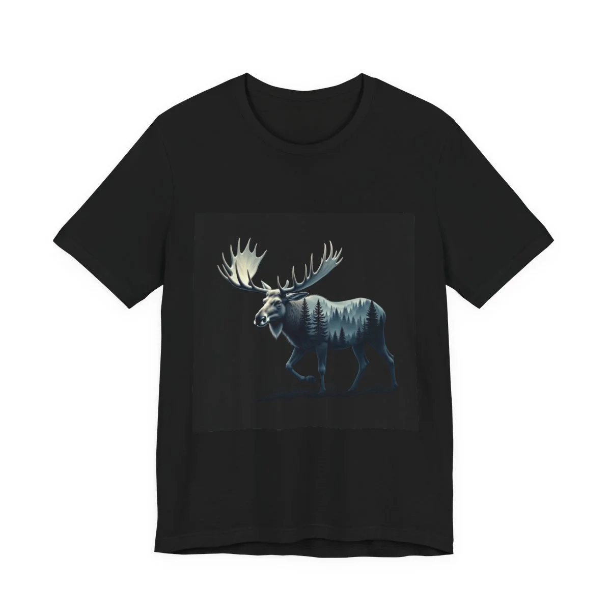 Moose silhouette filled with northern forest, double exposure
