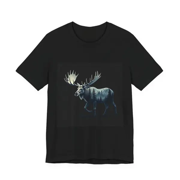 Moose silhouette filled with northern forest, double exposure