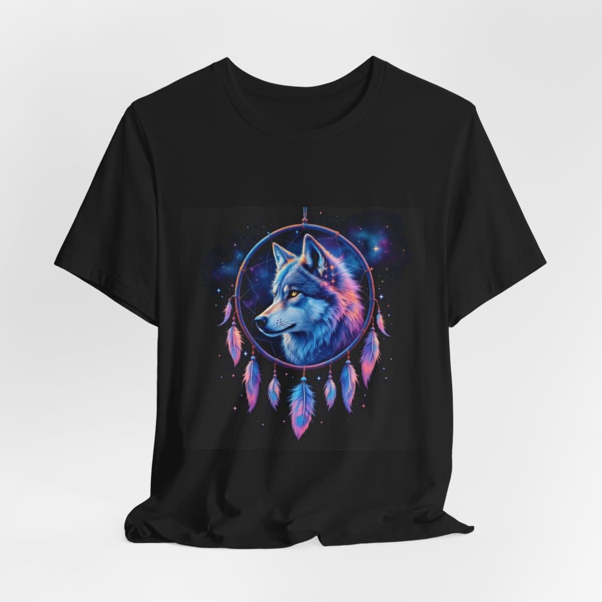 Galaxy wolf dreamcatcher with feathers and stars