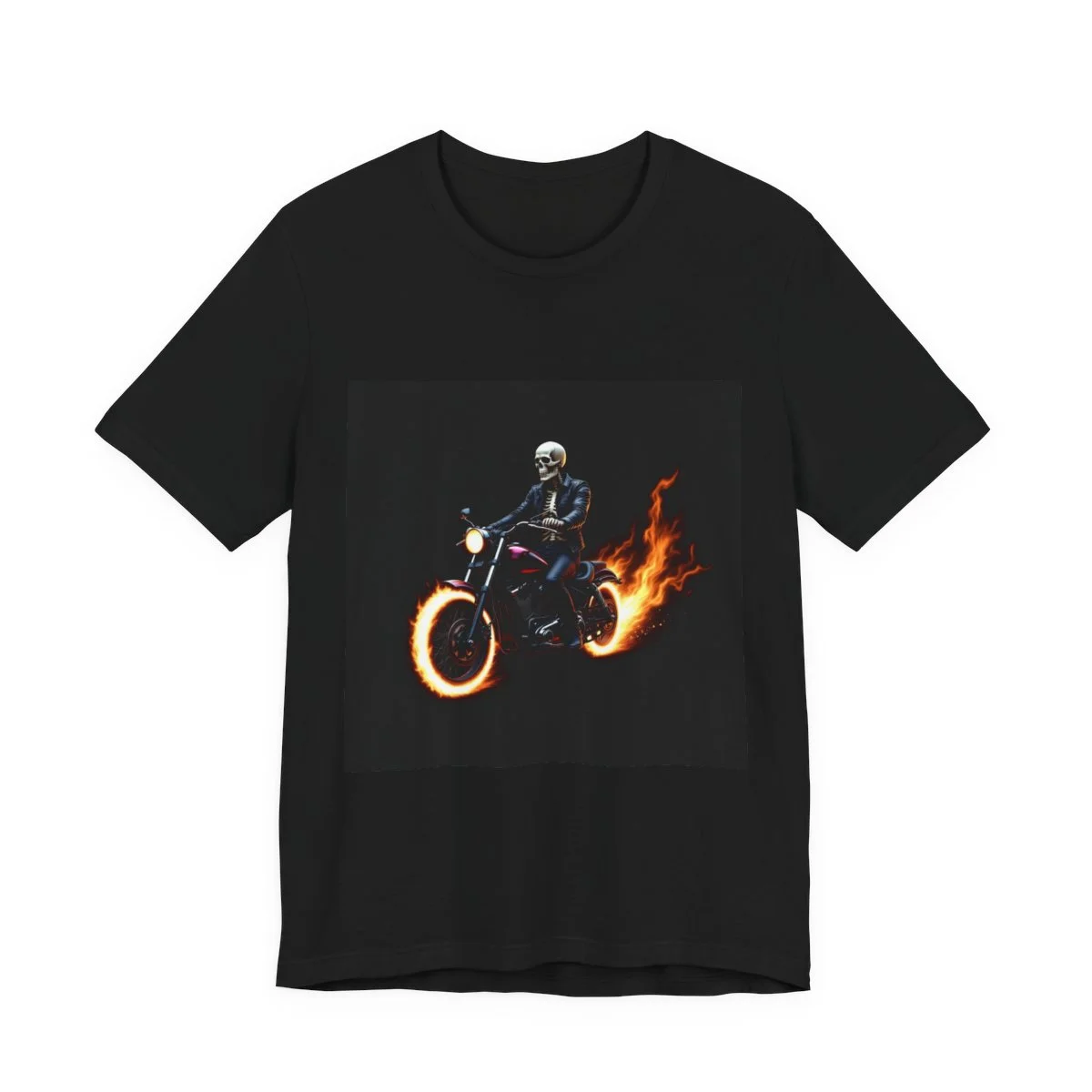 Skeleton motorcycle rider in leather, ghost rider flames trailing
