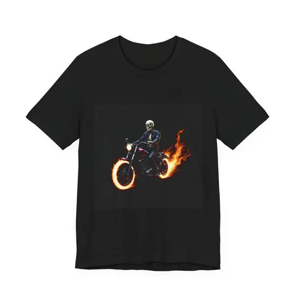 Skeleton motorcycle rider in leather, ghost rider flames trailing
