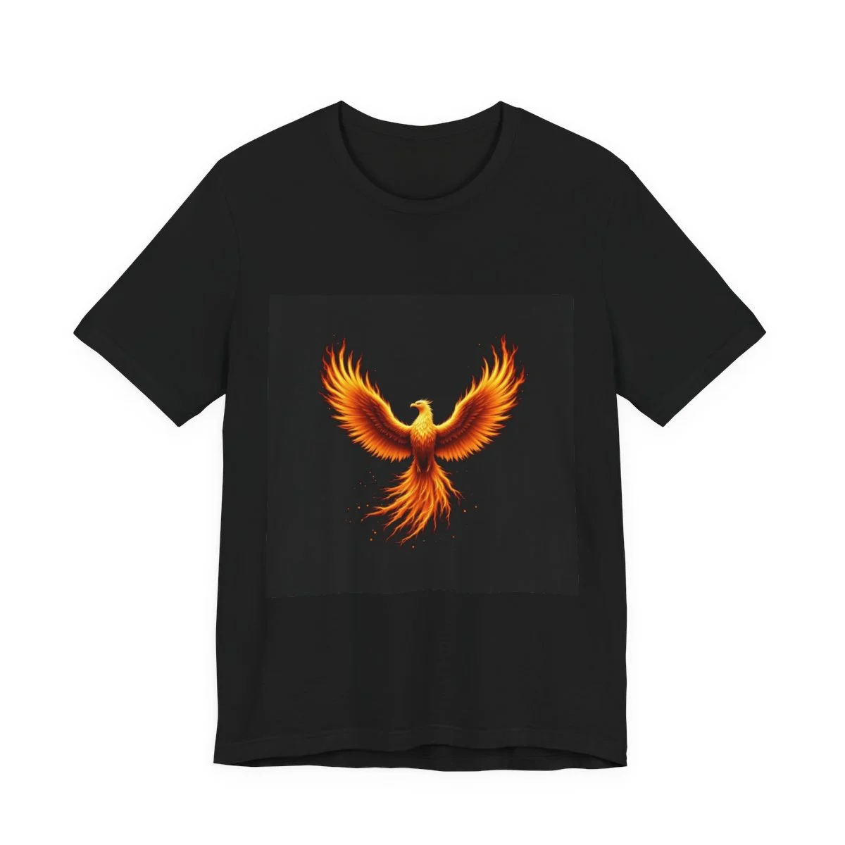 Phoenix rising from ashes in gold and crimson flames