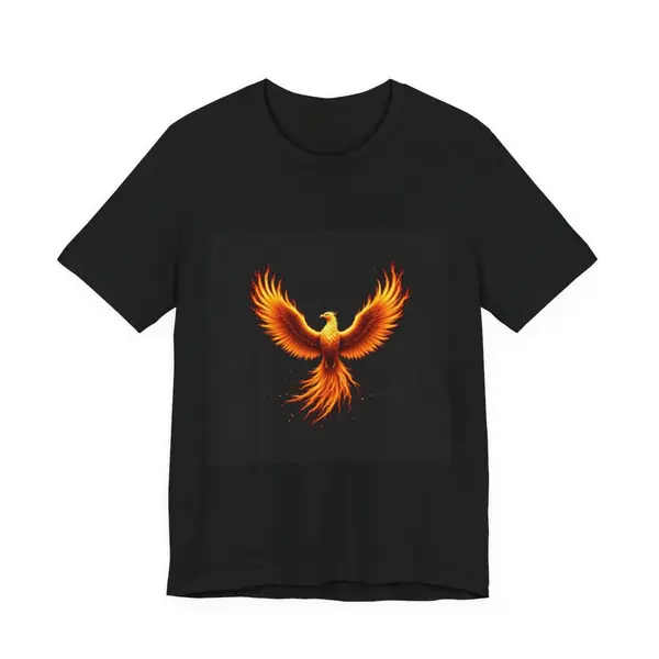Phoenix rising from ashes in gold and crimson flames