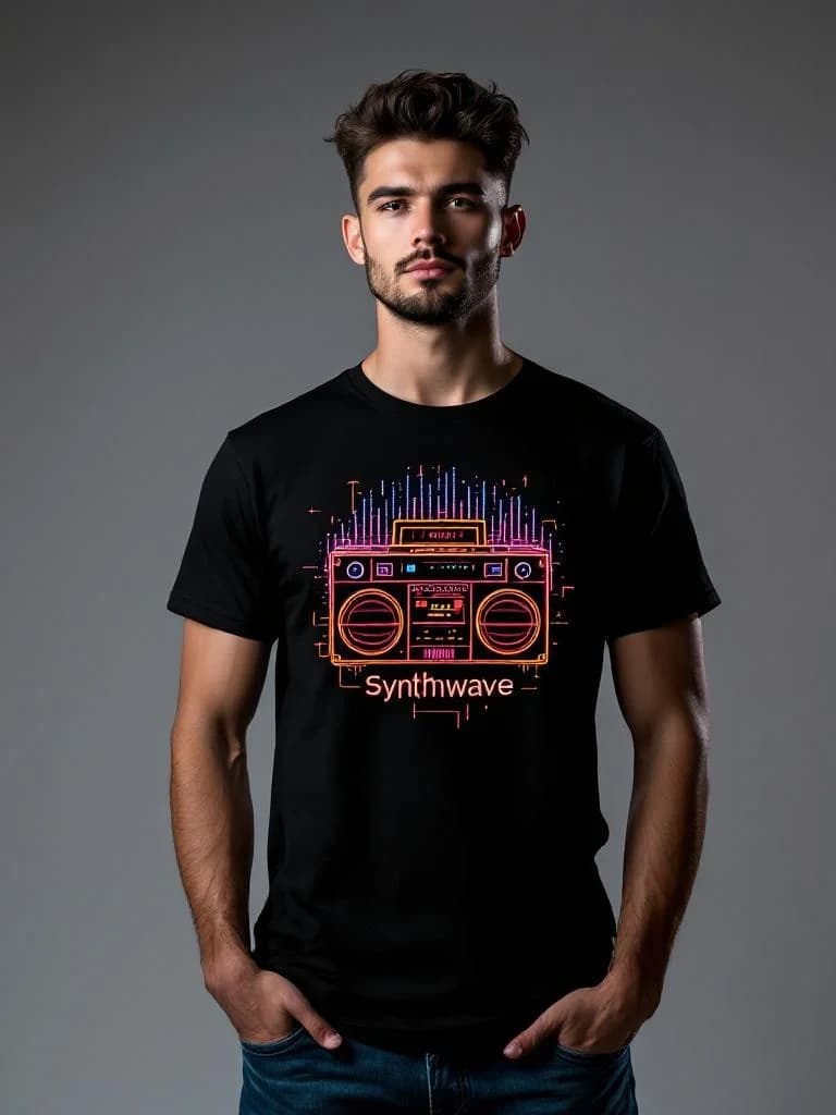 Retro boombox with neon sound waves, 80s synthwave