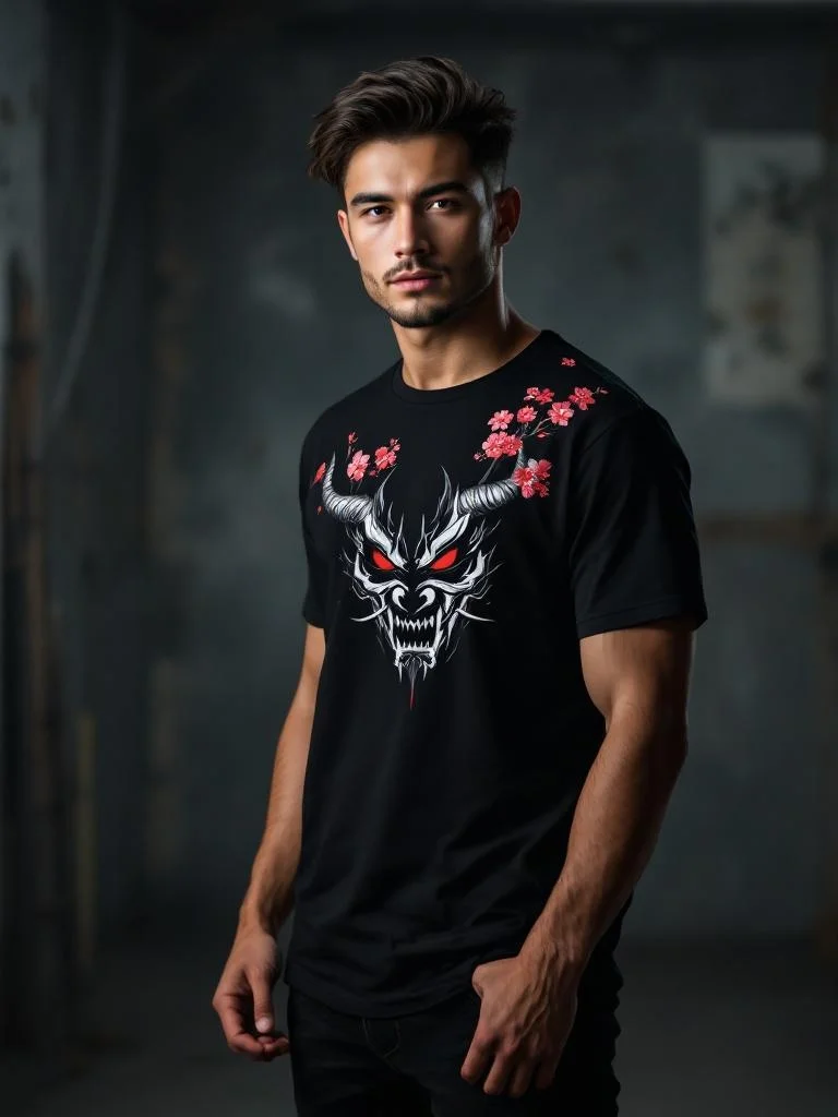 Japanese oni demon mask with cherry blossoms