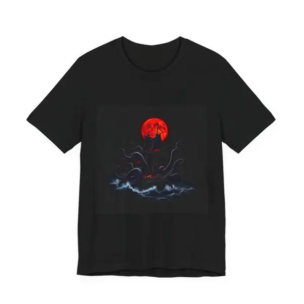 Kraken attacking pirate ship under blood red moon