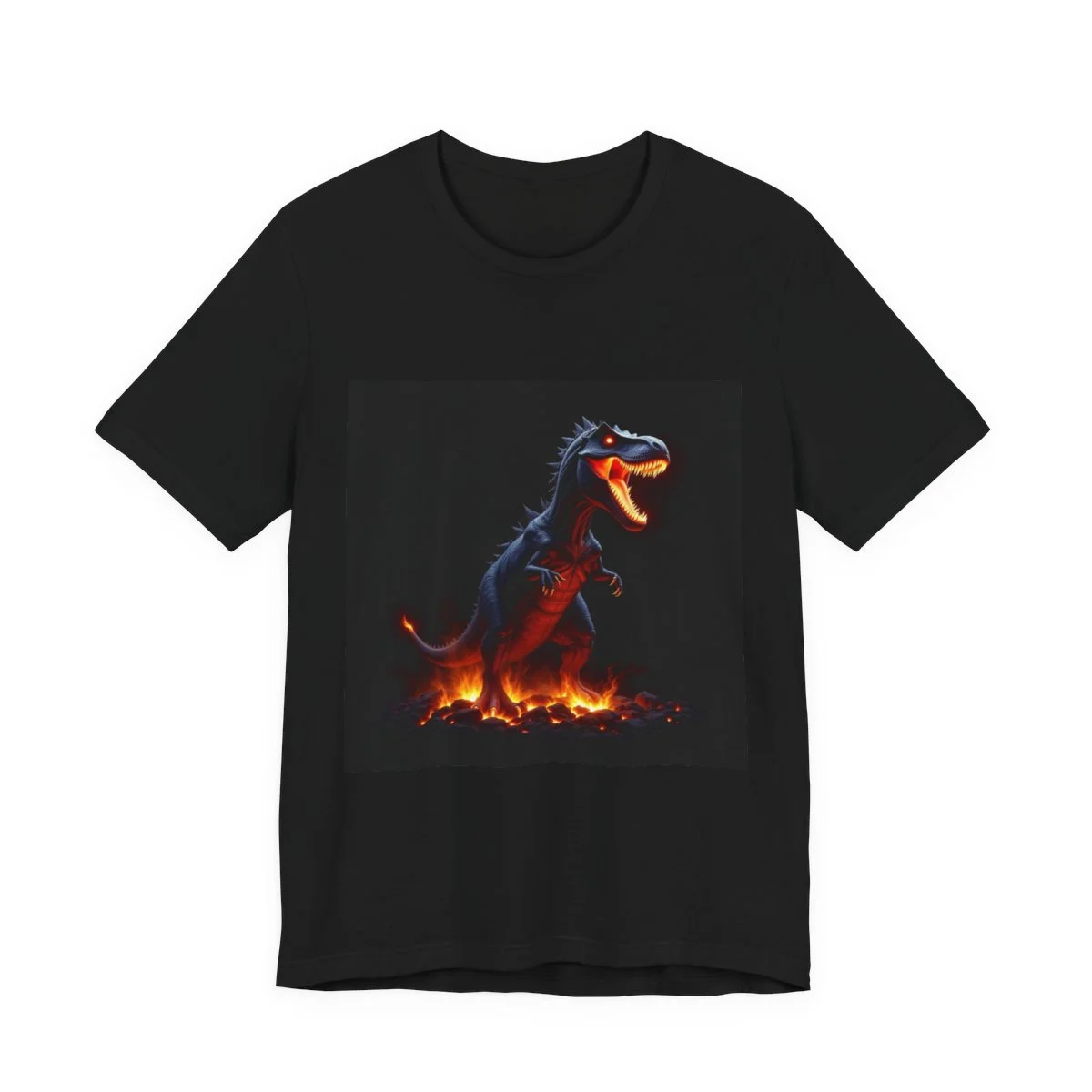 T-Rex made of molten lava and volcanic rocks erupting with fire