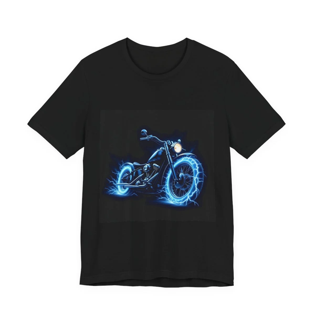 Vintage motorcycle engulfed in blue lightning, chrome retro art