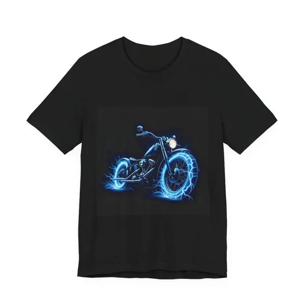 Vintage motorcycle engulfed in blue lightning, chrome retro art