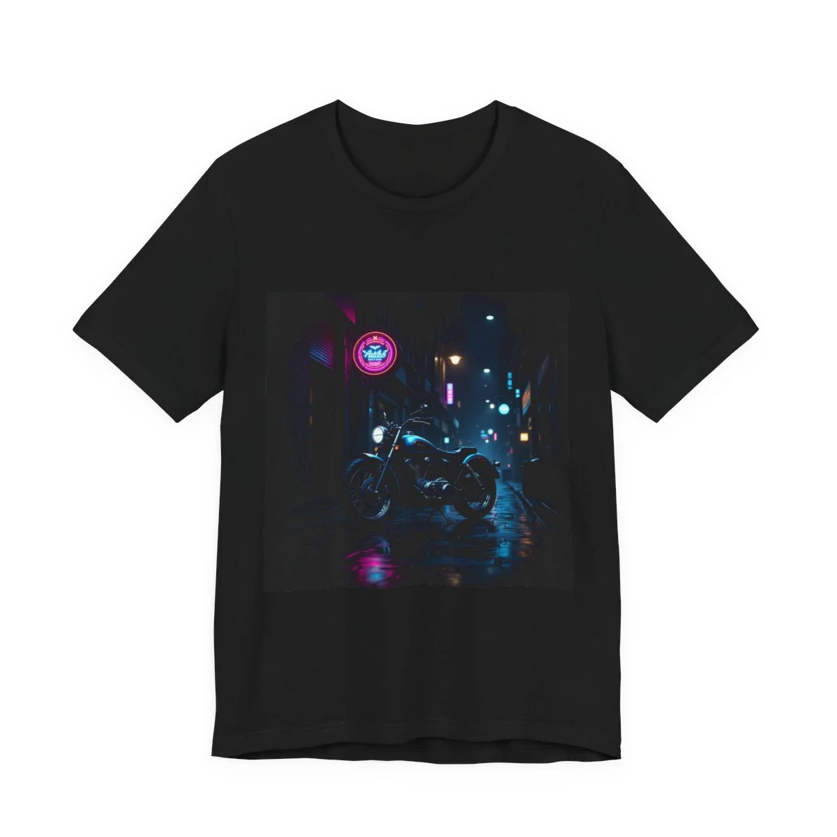 Vintage motorcycle under neon signs on rainy city street