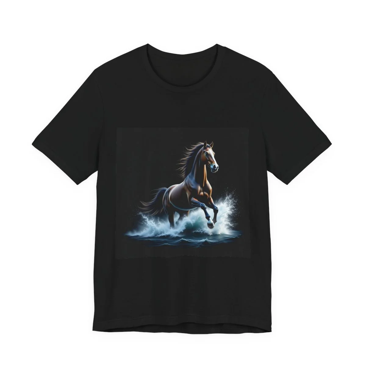 Horse galloping through crashing ocean waves, wild stallion