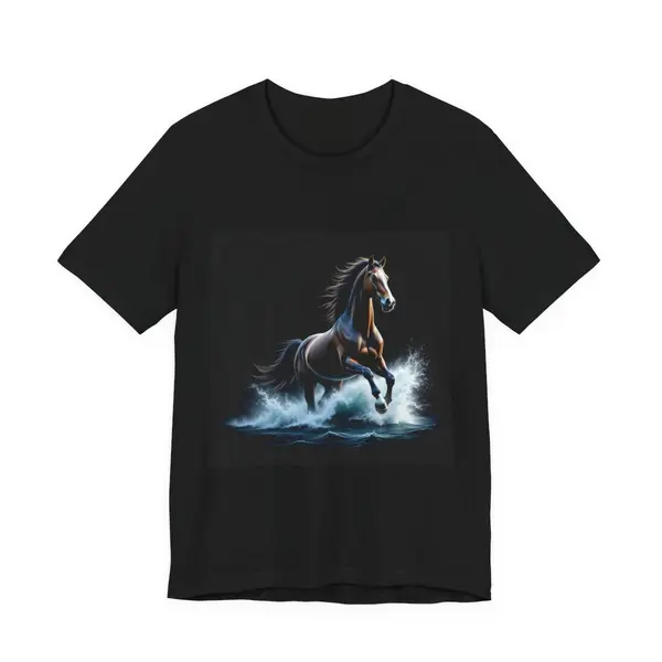 Horse galloping through crashing ocean waves, wild stallion