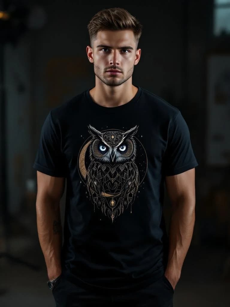 Mystical owl with galaxy eyes, crescent moon