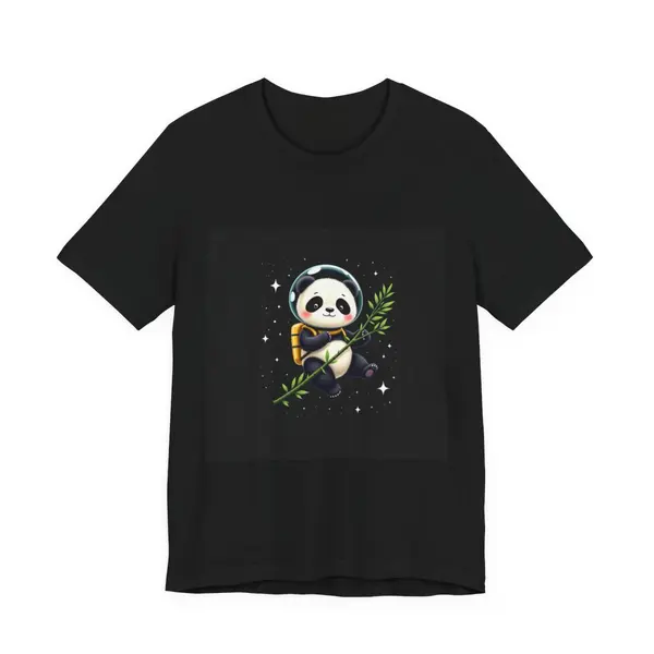 Cute panda astronaut floating in space eating bamboo, kawaii