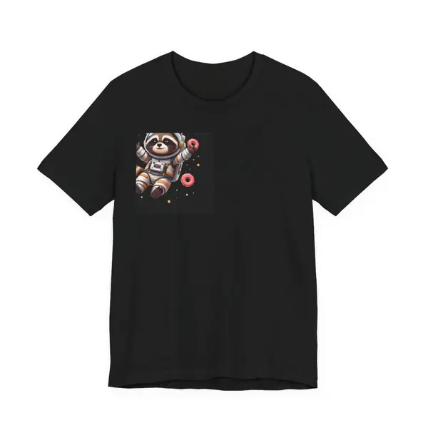 Cute raccoon astronaut floating with donuts in space