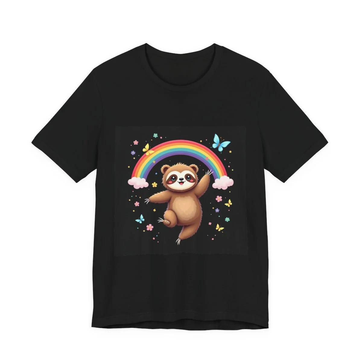 Cute sloth hanging from rainbow with butterflies and flowers