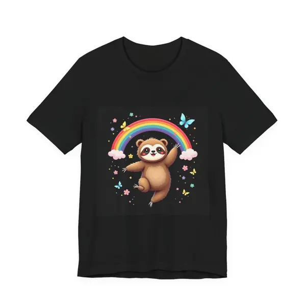 Cute sloth hanging from rainbow with butterflies and flowers