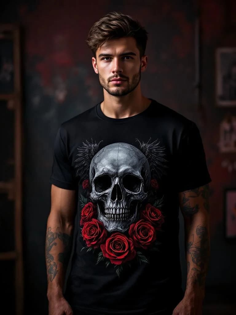 Gothic raven on crystal skull with roses