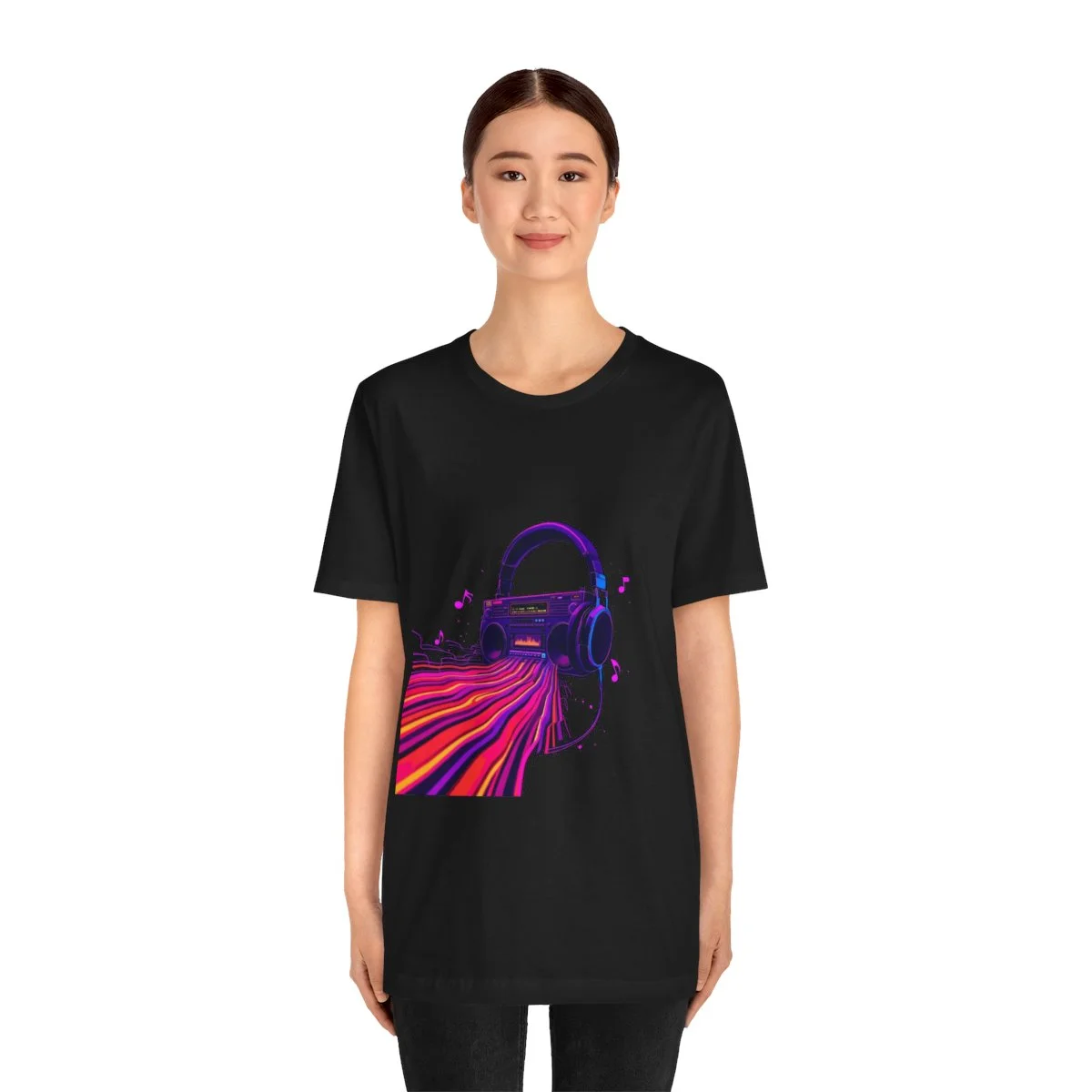 Retro boombox with neon sound waves, 80s synthwave