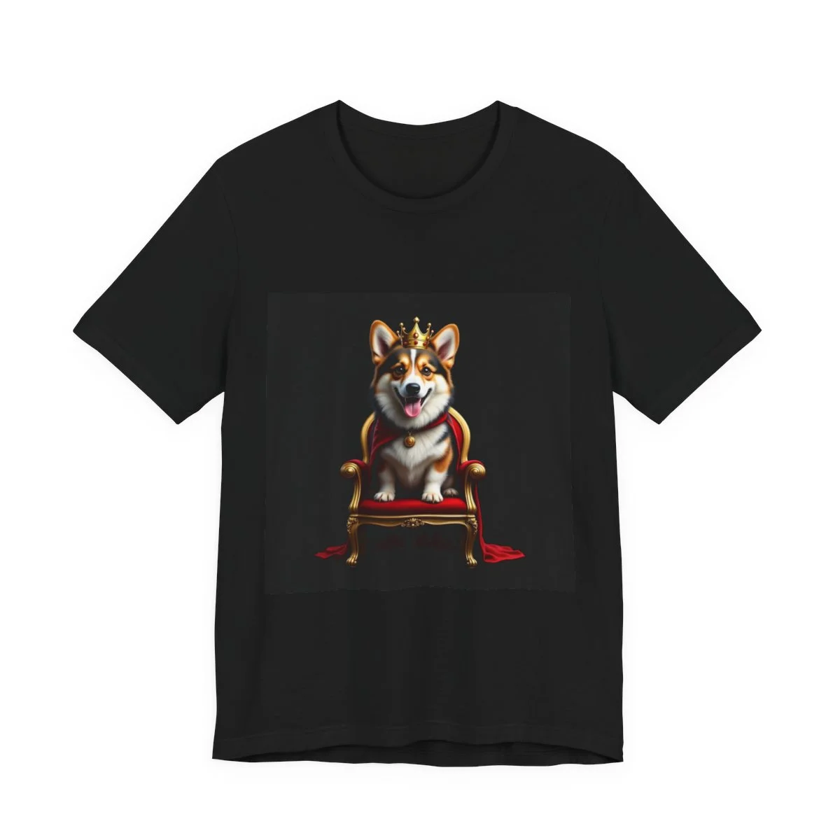 Cute corgi wearing crown and royal cape on golden throne
