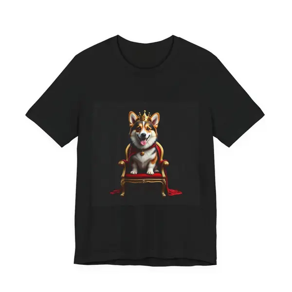Cute corgi wearing crown and royal cape on golden throne