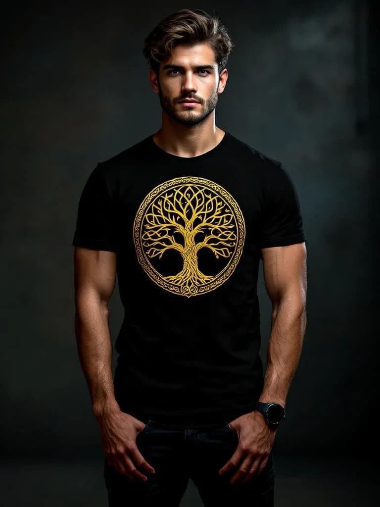 Ancient tree of life with golden Celtic knot roots
