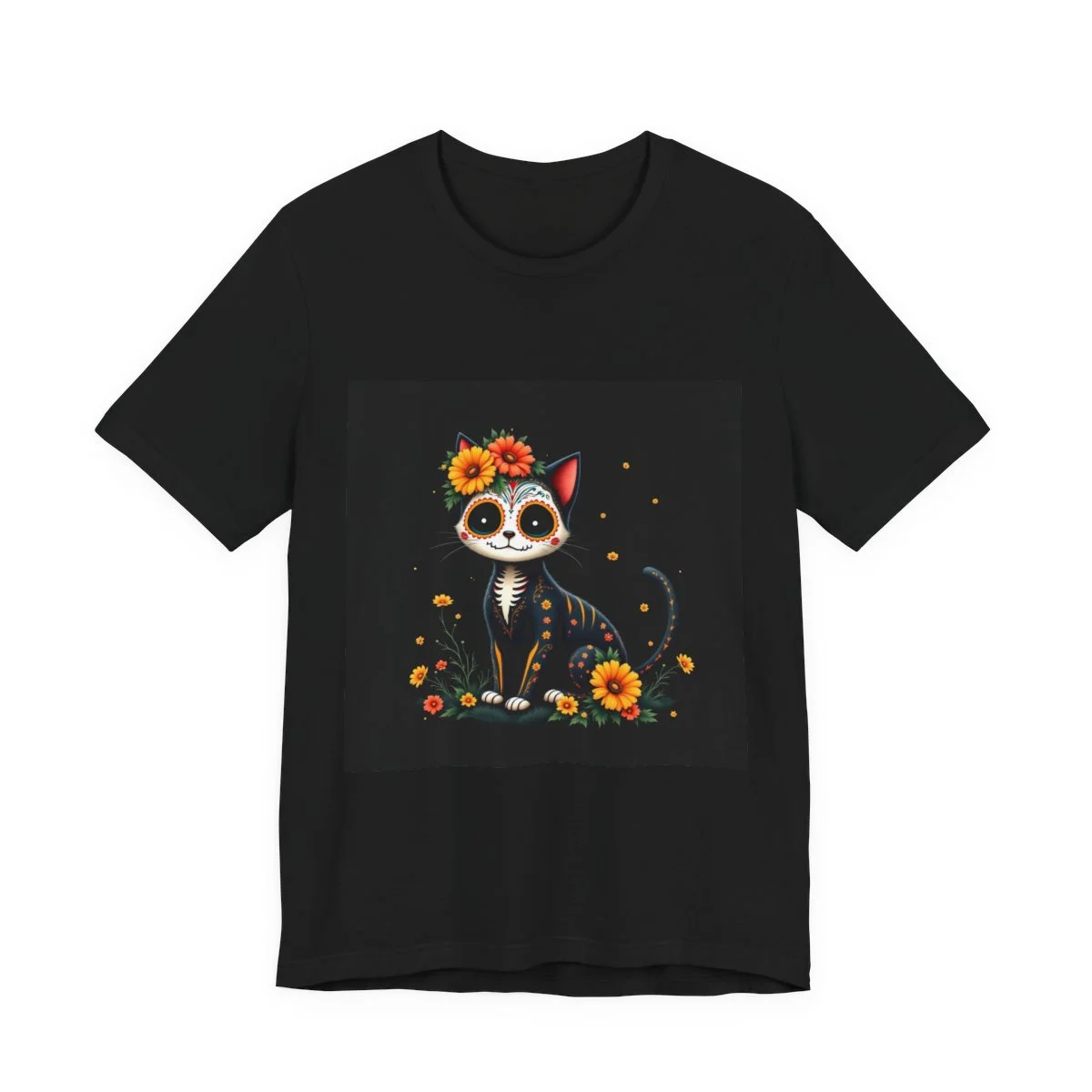 Sugar skull cat with Day of the Dead decorations and marigolds