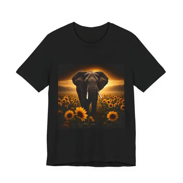 Elephant walking through sunflower field at golden sunset