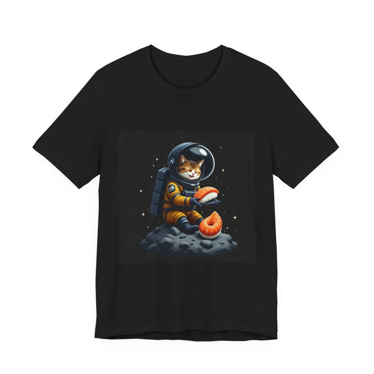 Cat astronaut on the moon eating sushi, kawaii space food