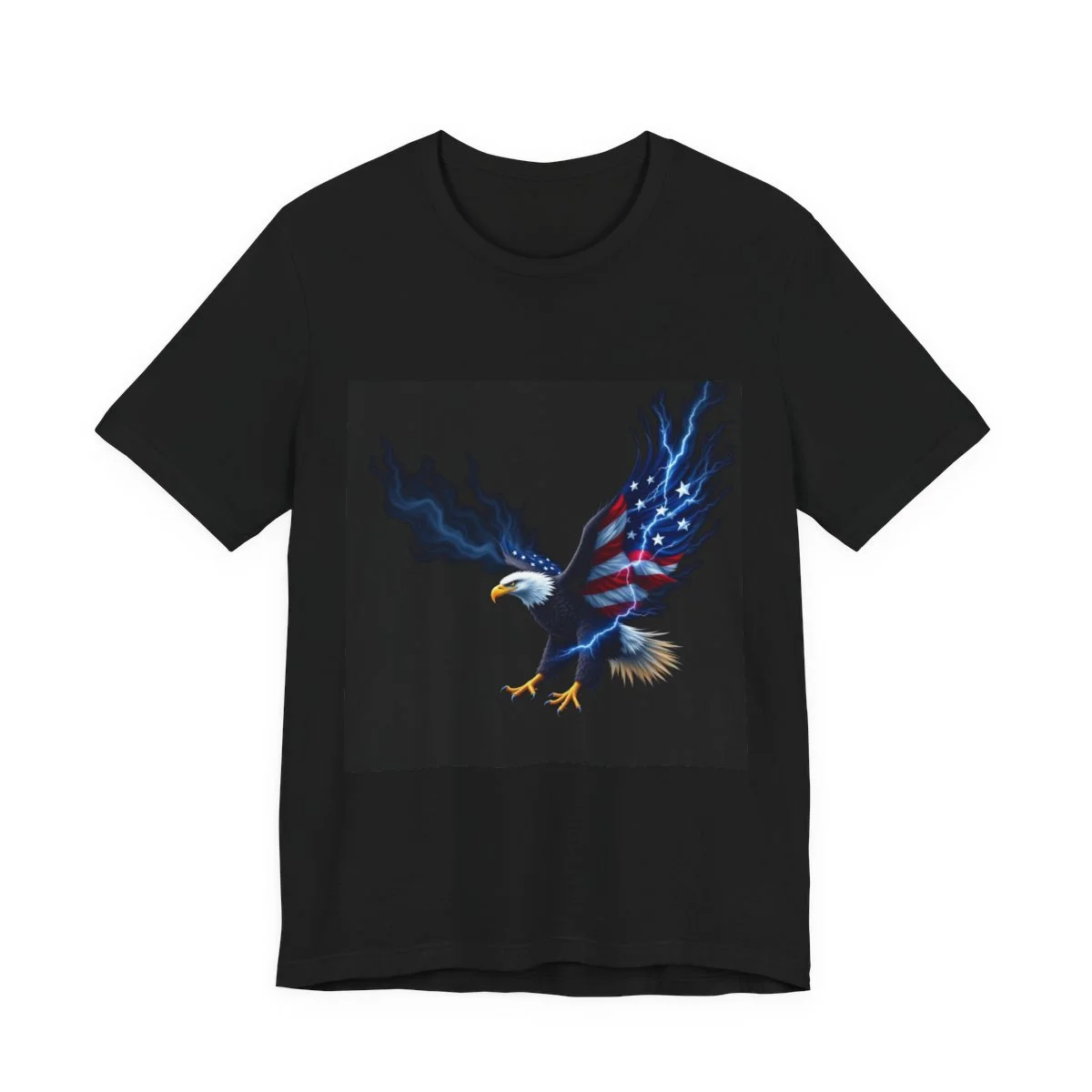 Bald eagle carrying lightning, storm clouds and patriotic power