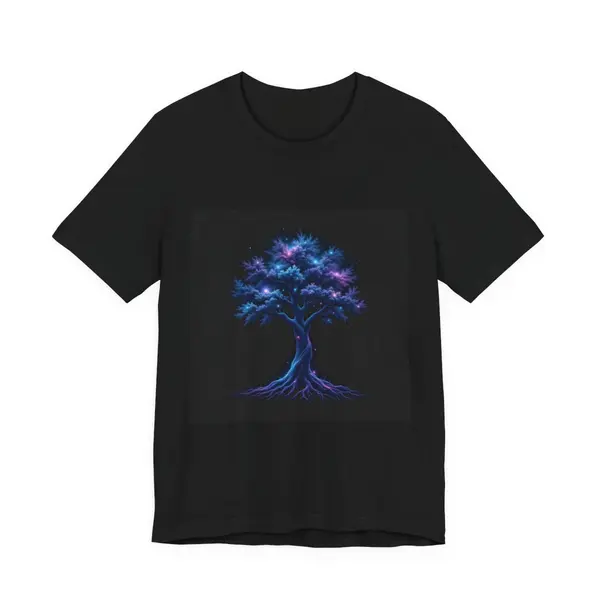 Ancient tree of life with bioluminescent roots and cosmic branches