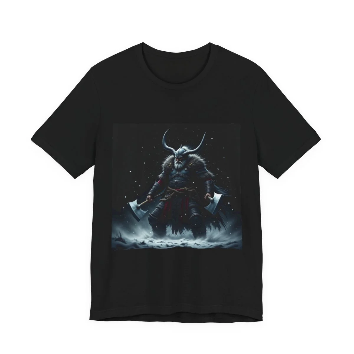 Viking berserker with dual axes in blizzard, Norse rage