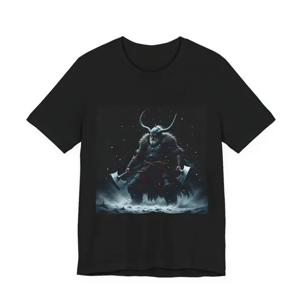 Viking berserker with dual axes in blizzard, Norse rage