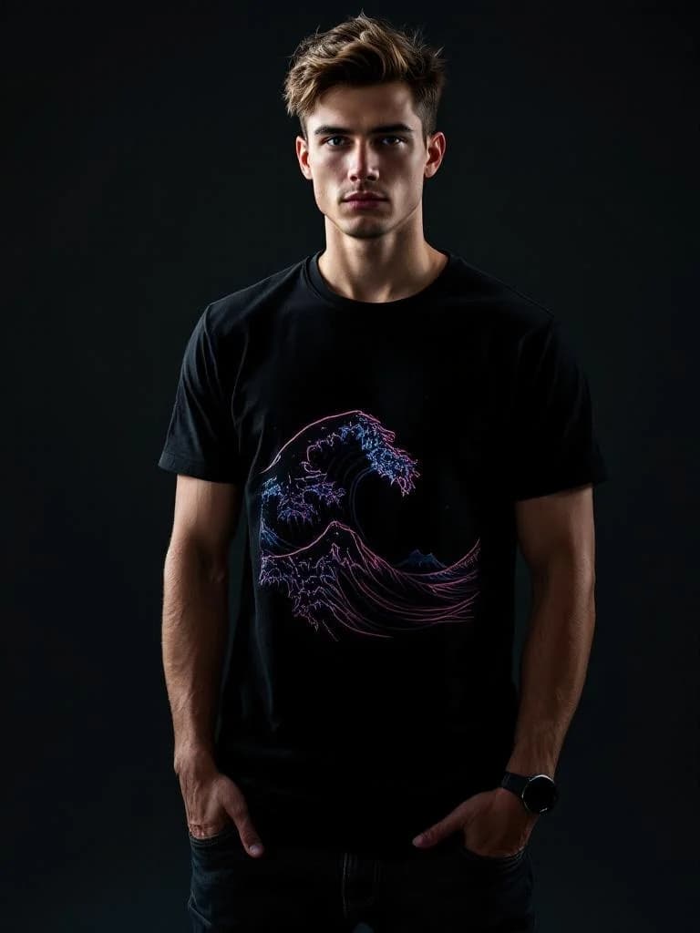 Great wave reimagined, neon Japanese ukiyo-e