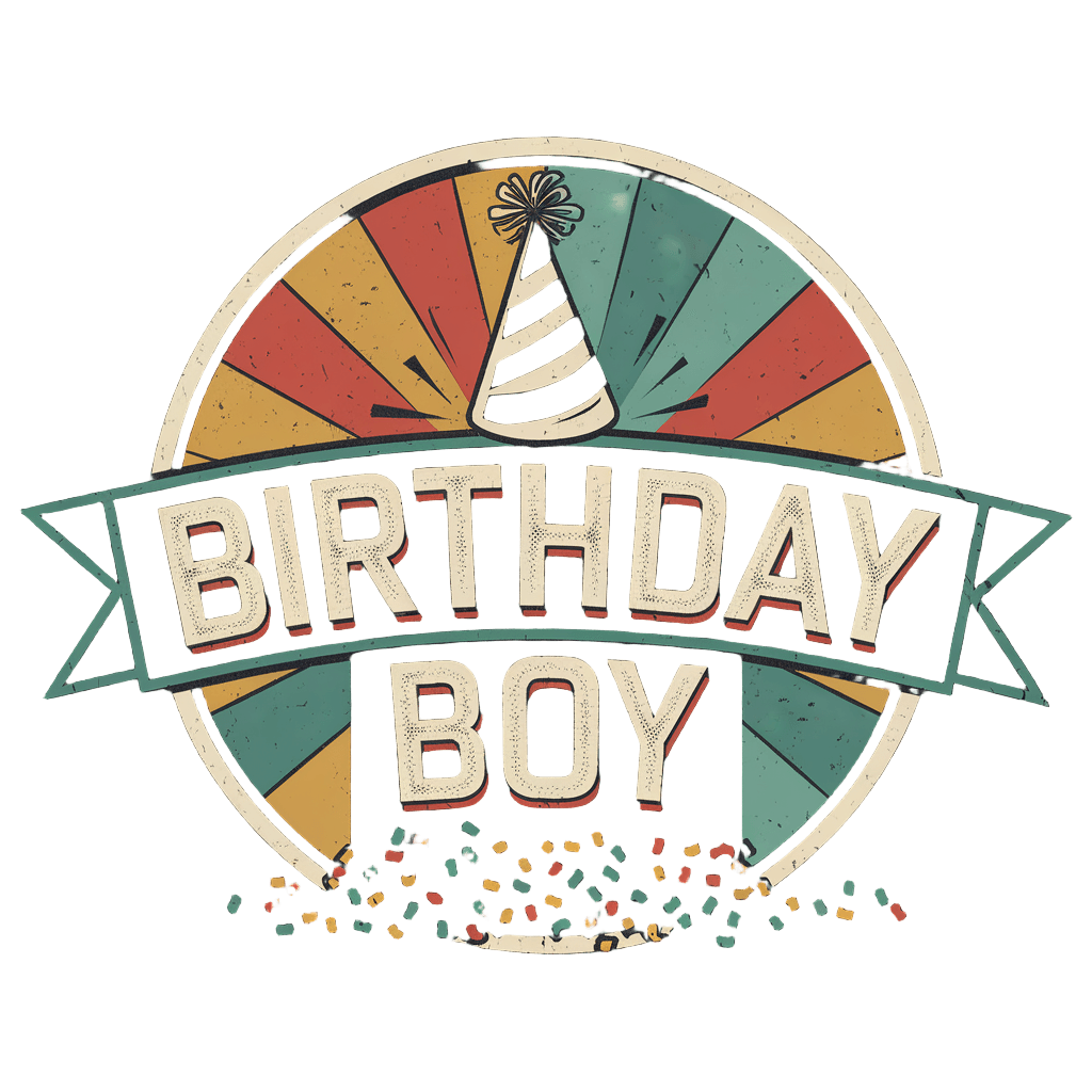vintage emblem reading "BIRTHDAY BOY" with party hat and confetti, fun retro style, on black background, t-shirt design