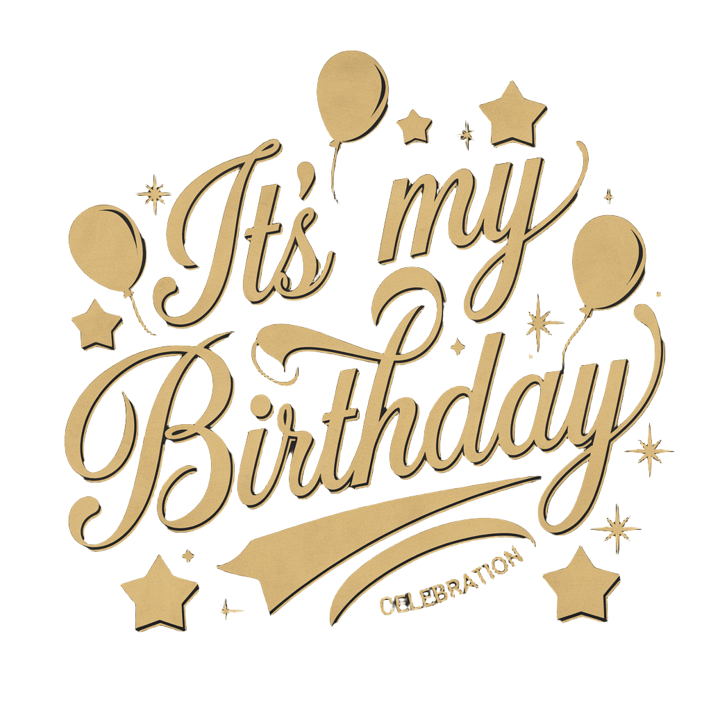elegant gold text reading "ITS MY BIRTHDAY" with balloons and stars, celebration design, on black background, t-shirt design