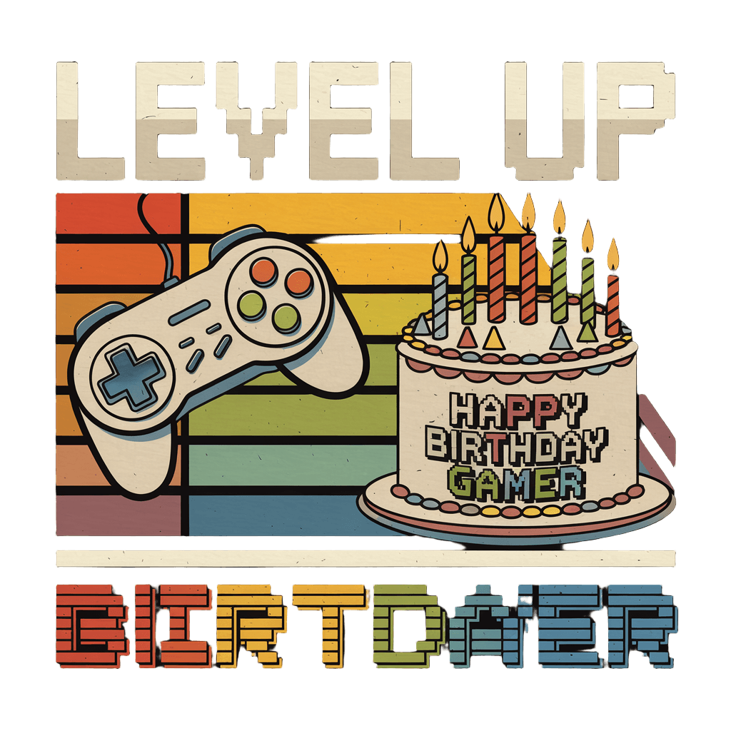 funny design reading "LEVEL UP" with retro game controller and birthday cake, gamer birthday, on black background, t-shirt design
