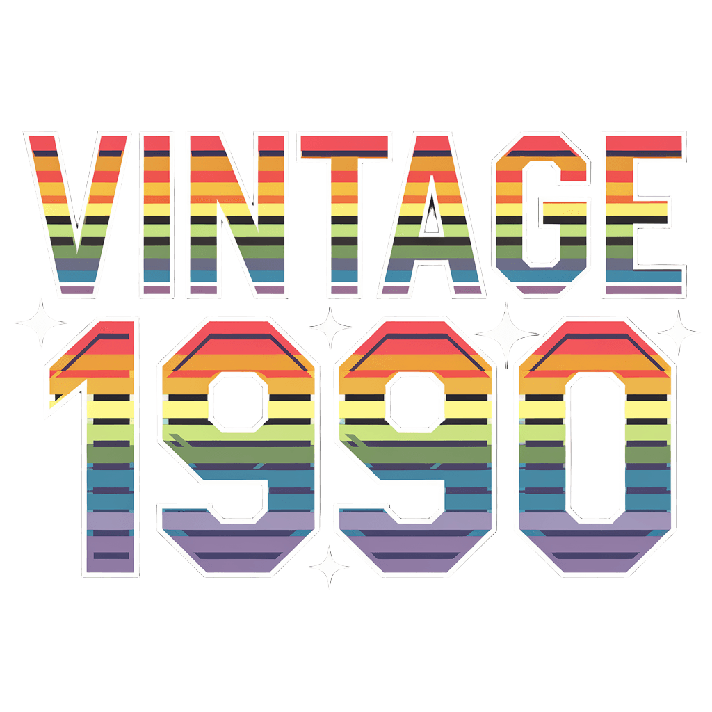 retro rainbow reading "VINTAGE 1990" with stars, born in the 90s birthday, on black background, t-shirt design